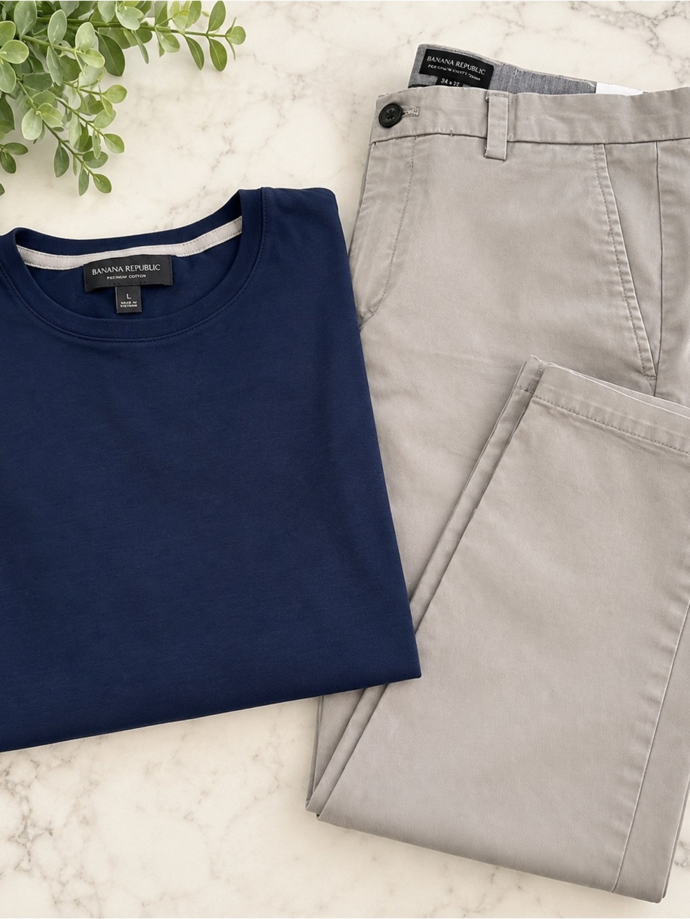 Banana Republic Men's Navy long sleeve  Tee with Light Gray Chino Pants
